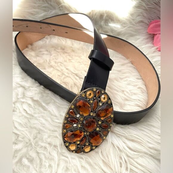 Amiee-Lynn Black Leather Belt w/ Jeweled Embellished Buckle L/XL - Picture 1 of 8